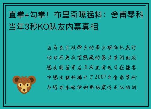 直拳+勾拳！布里奇曝猛料：舍甫琴科当年3秒KO队友内幕真相