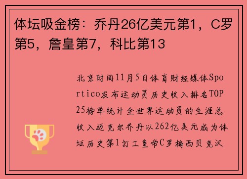 体坛吸金榜：乔丹26亿美元第1，C罗第5，詹皇第7，科比第13